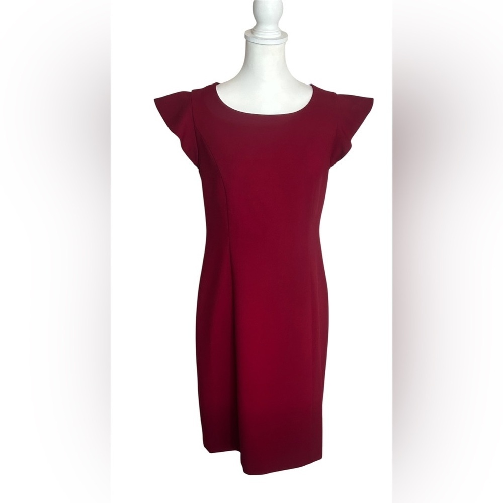 Talbots Burgundy Red Sheath Midi Dress with Ruffle Cap Sleeves Sz 6 EUC Feminine - Picture 2 of 10